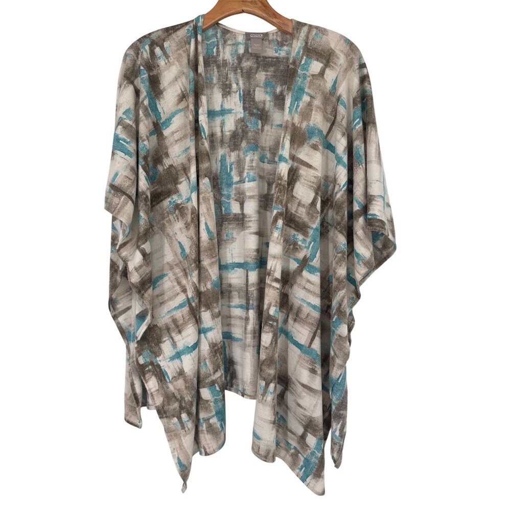 Chicos Abstract Print Open Front wrap Kimono  Brown Blue one Size
